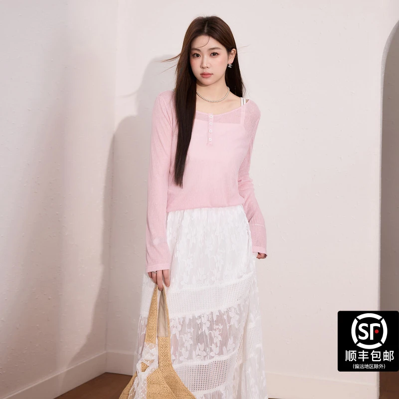 蓝语大码女装法式透气镂空长袖T恤2025夏季宽松显瘦遮肉百搭上衣