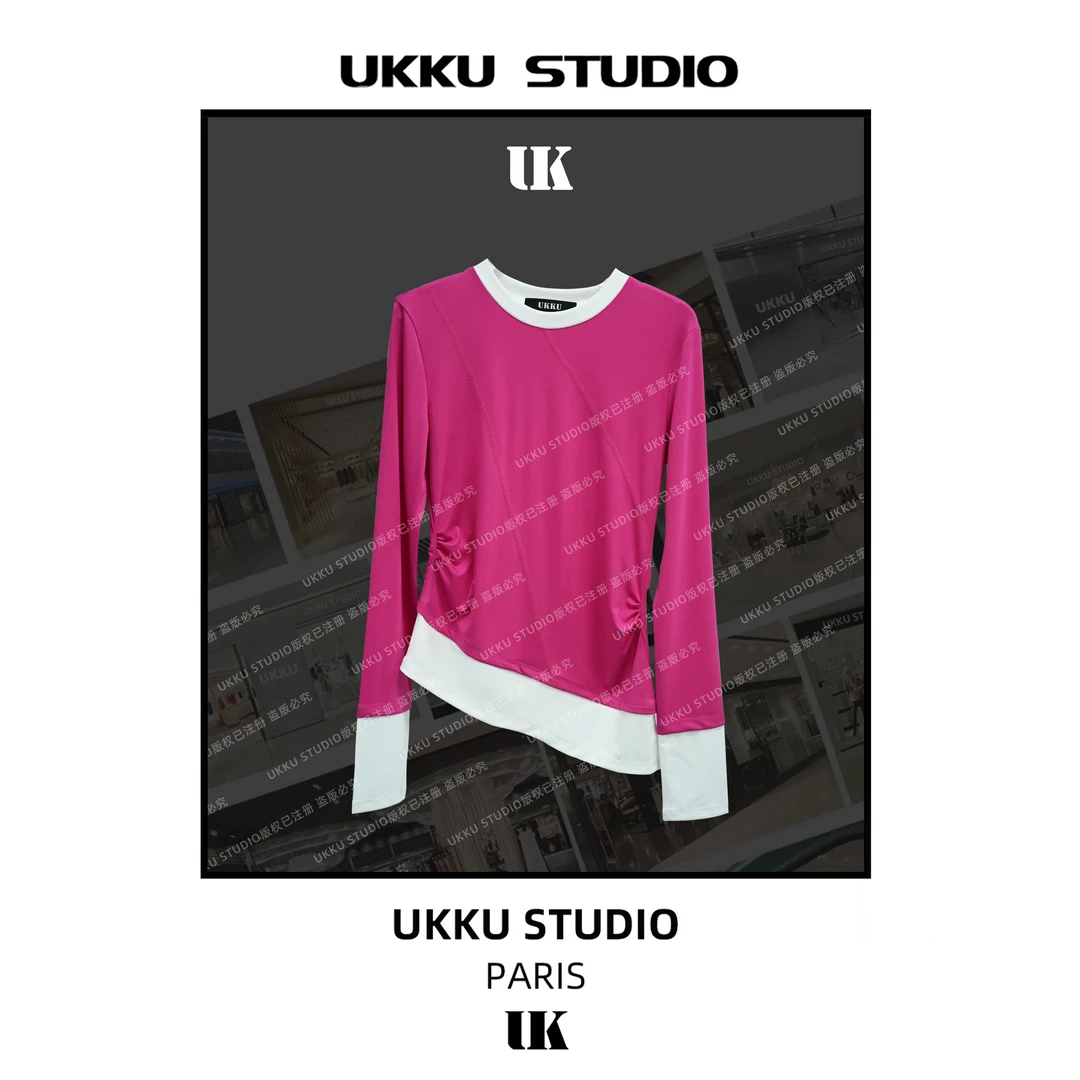 康妮【UKKUSTUDIO】网红时尚修身玫红色拼接假两件圆领打底613413