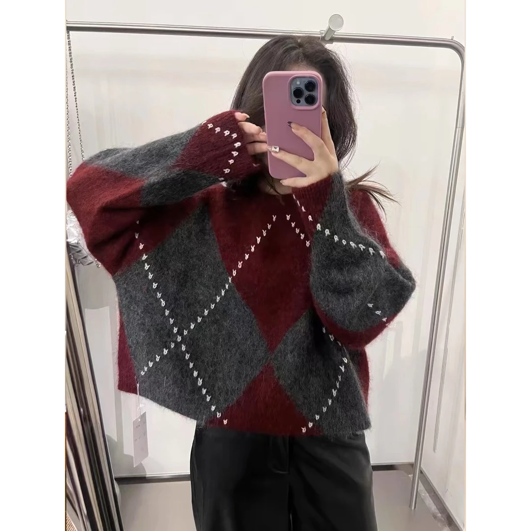 【菱格浣熊打底】圆领菱格针织衫韩版毛衣 YTJ-17-26