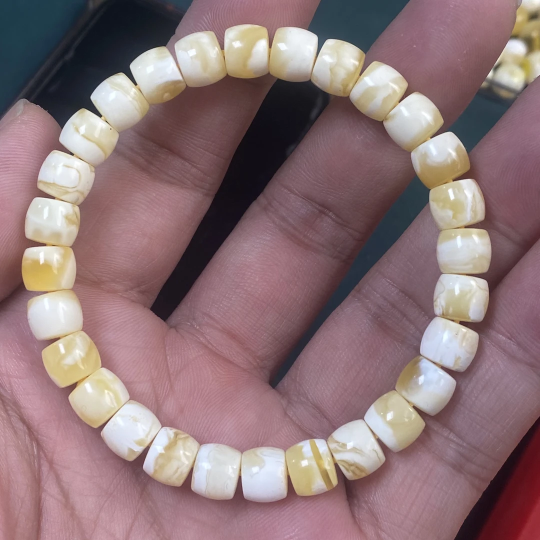 【一物一证】天然原矿琥珀蜜蜡8.2mm金瓷白妖孽花纹直切手串