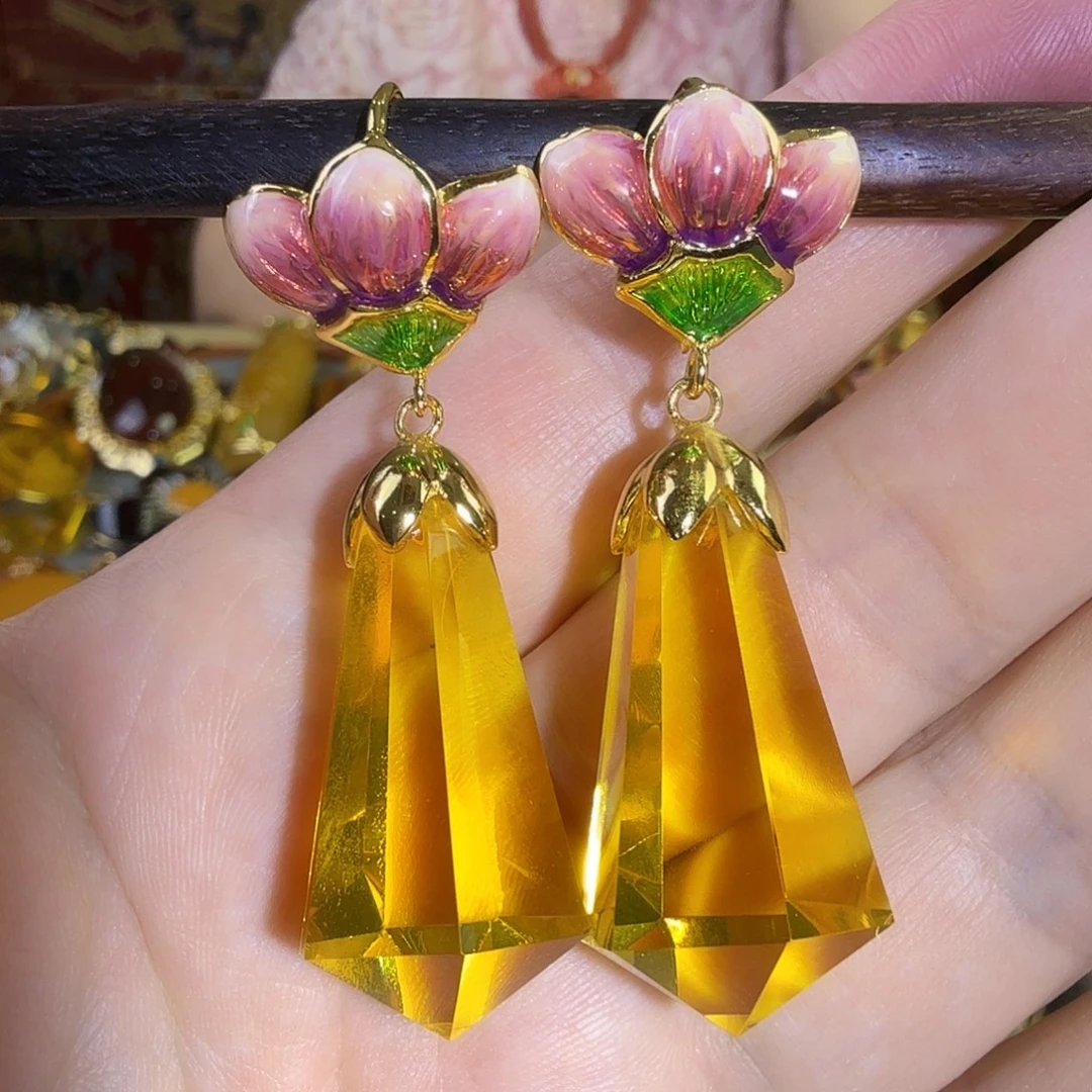 琥珀银S925镀金镶嵌耳环