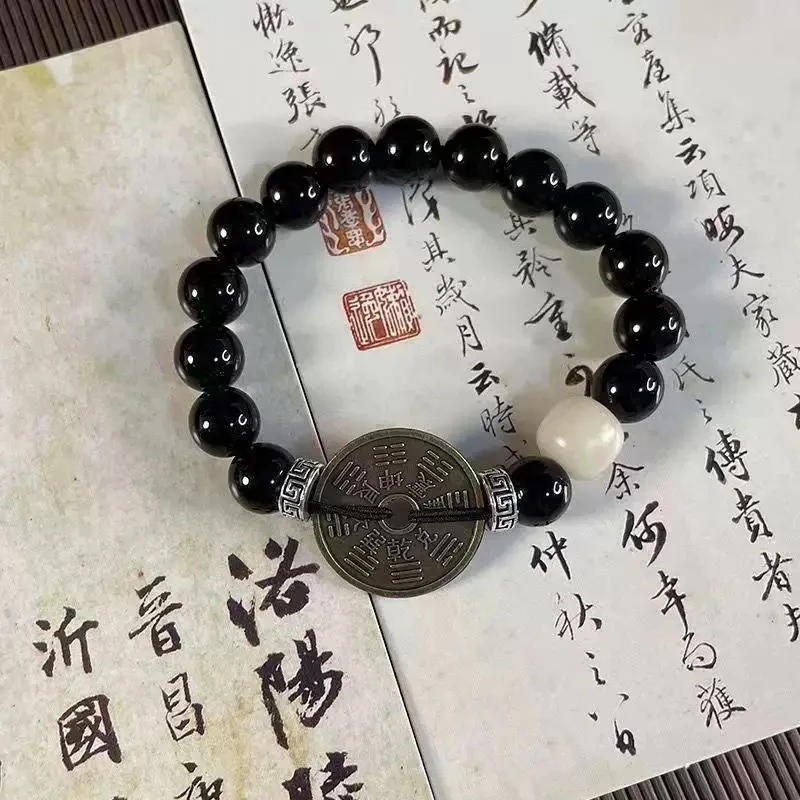 黄铜琉璃手链 LL04黑琉璃配铜钱单圈8mm
