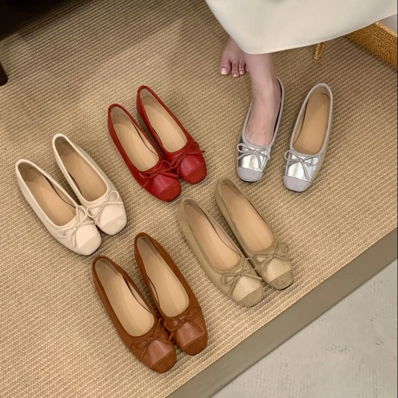 内增高方头复古芭蕾舞鞋红色蝴蝶结单鞋法式浅口豆豆鞋夏季配裙子