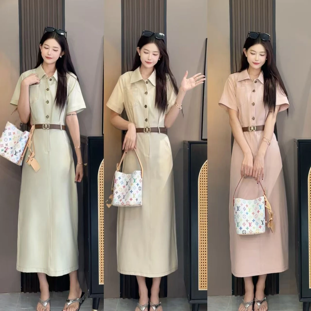 【阿洁专属】【送腰带】过膝长款连衣裙收腰显瘦短袖洋气夏减龄衬衫裙