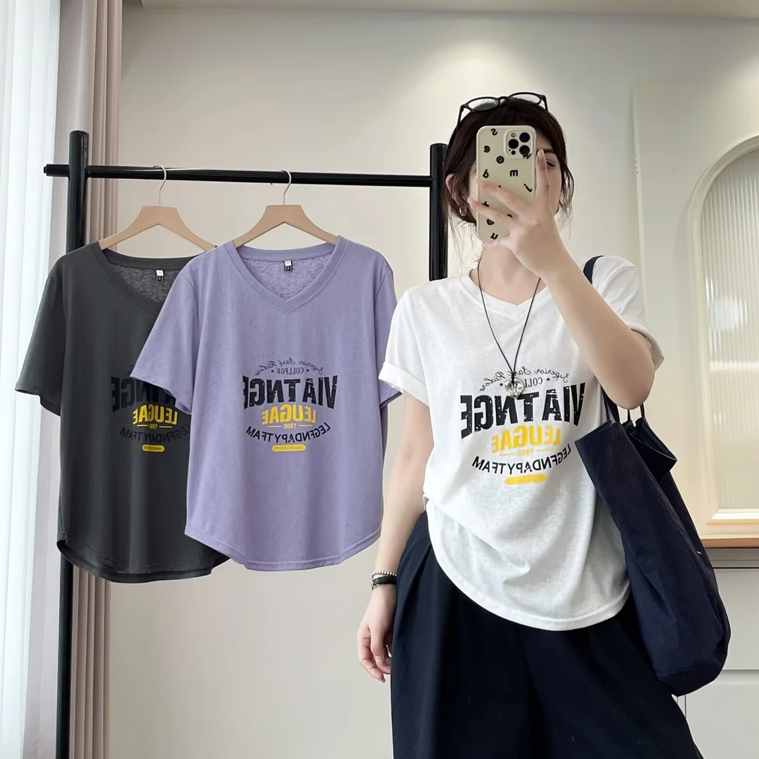 梦冬佳--110-195斤大码女装V领显瘦百搭洋气印花短袖T恤上衣半袖