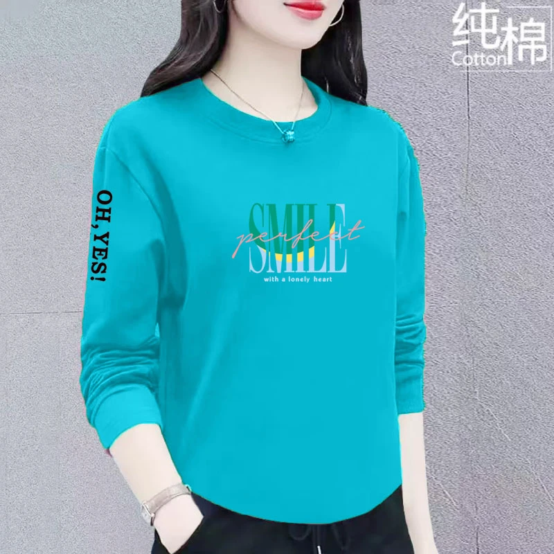 纯棉长袖t恤女春秋季新款宽松遮肚显瘦打底衫洋气时尚圆领上衣潮