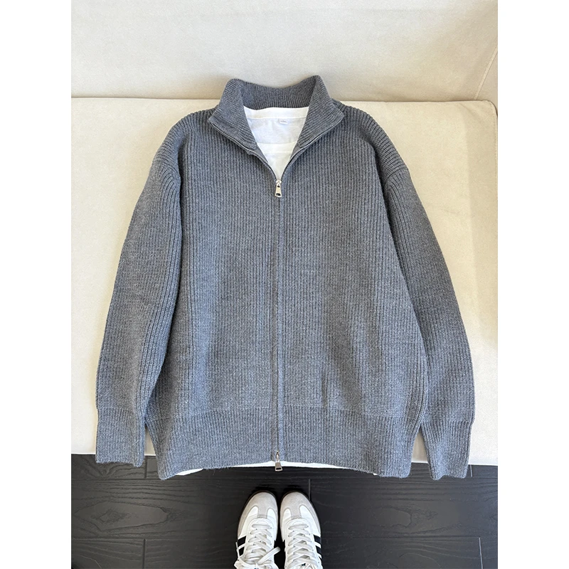 灰色立领拉链毛衣外套男款秋冬高级感痞帅美式复古针织开衫夹克潮