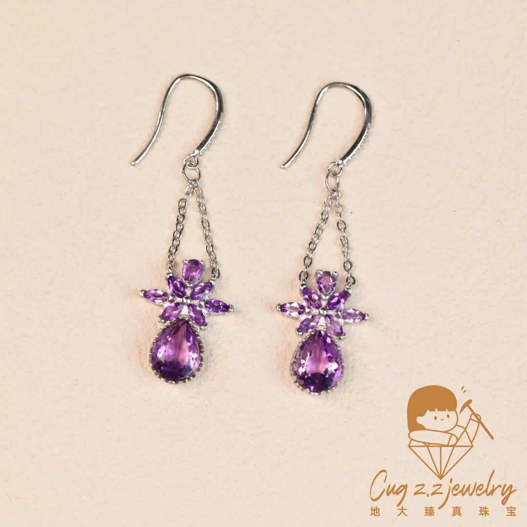 天然紫水晶耳坠复古珠宝耳坠925银