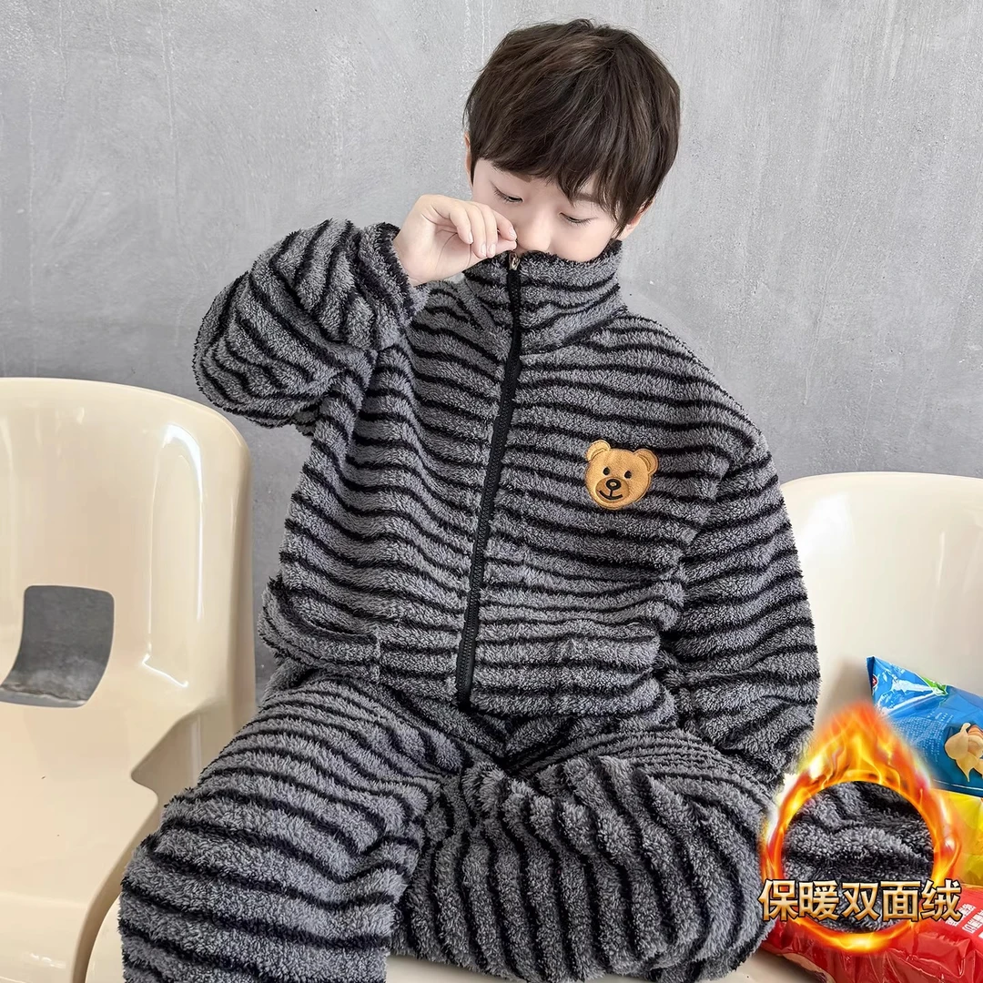 男童秋冬款珊瑚绒睡衣套装2025新款大童冬季儿童法兰绒条纹家居服