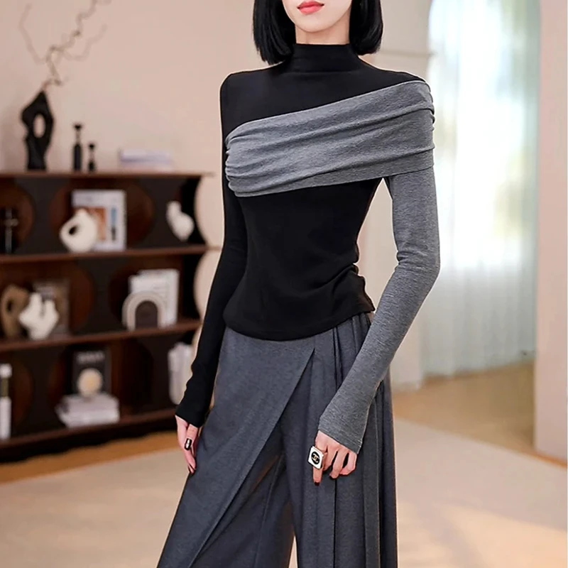 2025设计感撞色拼接半高领长袖T恤女打底修身上衣潮流高级女士