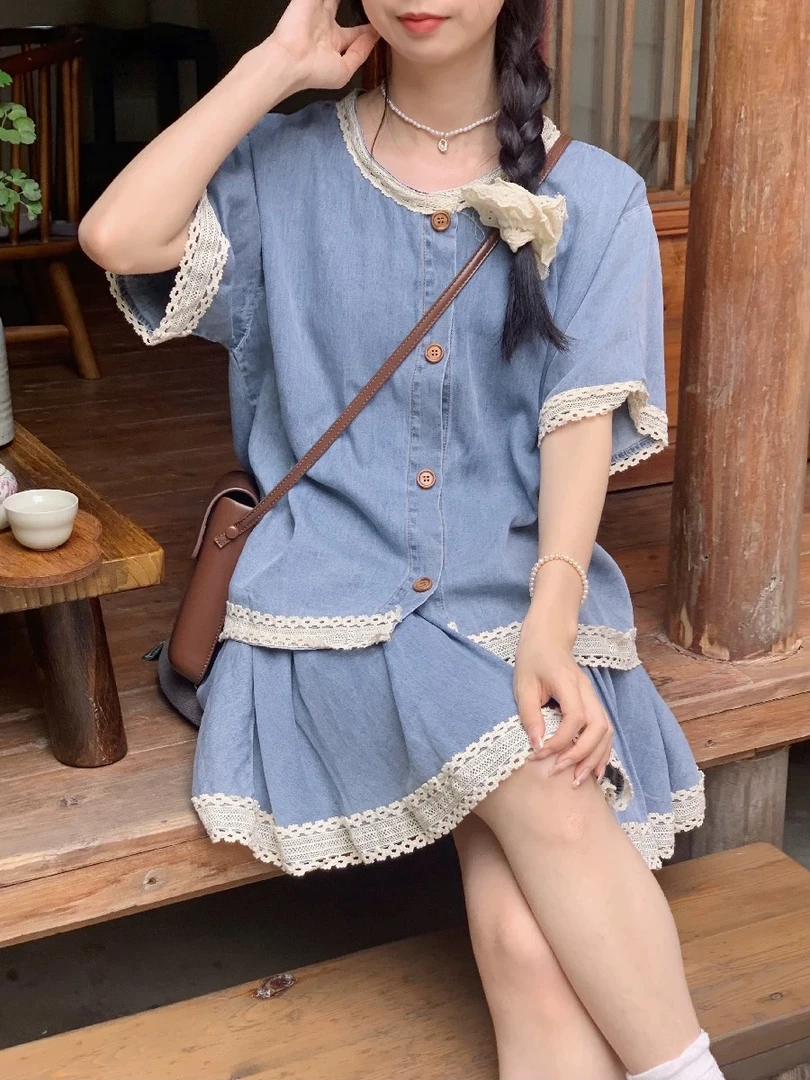 （8441-8460）甜美清新学院时尚套装时尚短袖裙子泡泡袖蓝色韩版