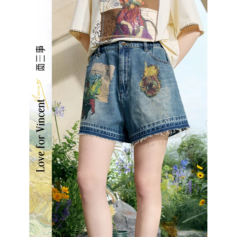 两三事梵高文艺古着玩家2025夏新款做旧印花流苏裤脚口牛仔裤女