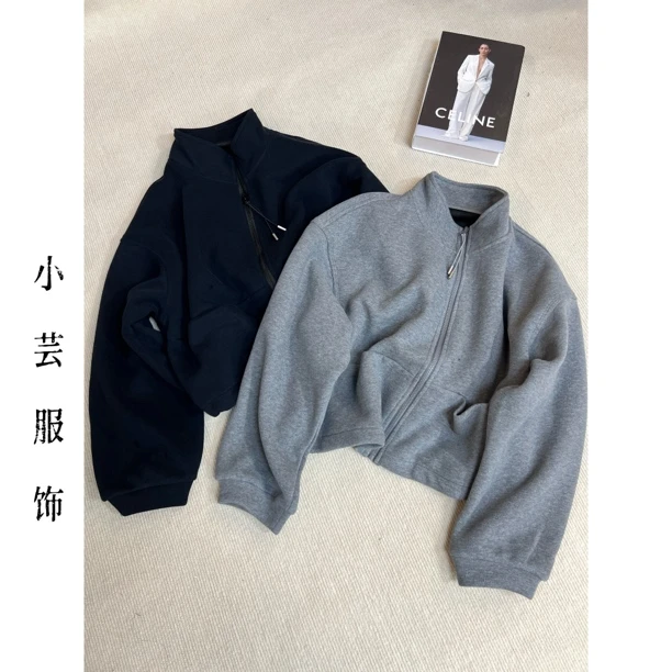 韩国立领纯色短款拉链外套女休闲宽松长袖上衣拉链卫衣