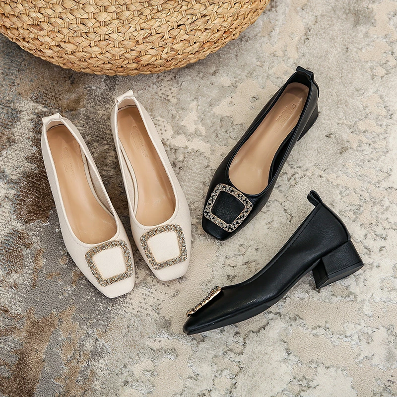 时尚仙女风高跟粗跟鞋新款法式方头浅口搭扣粗跟高跟鞋女士工作鞋