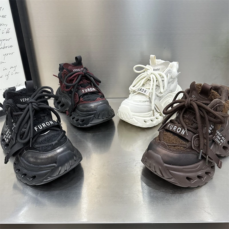 女款休闲百搭高帮运动网红时尚黑色加绒韩版秋冬系带厚底老爹鞋子