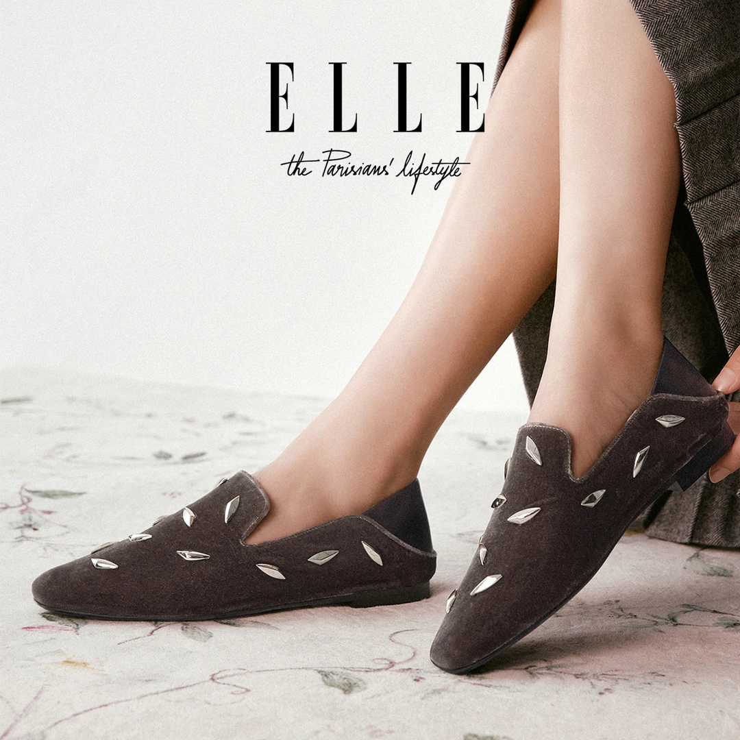 ELLE明星同款朋克铆钉软底时装单鞋女一鞋两穿气质百搭浅口乐福鞋
