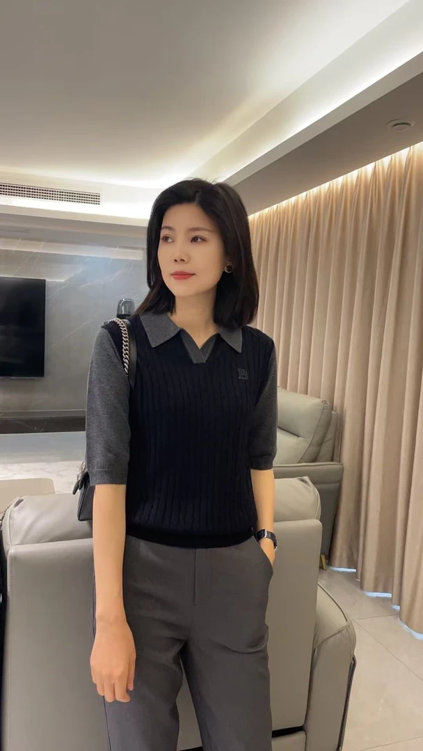 JY25春季时尚拼接POLO领中袖套头百搭毛针织衫