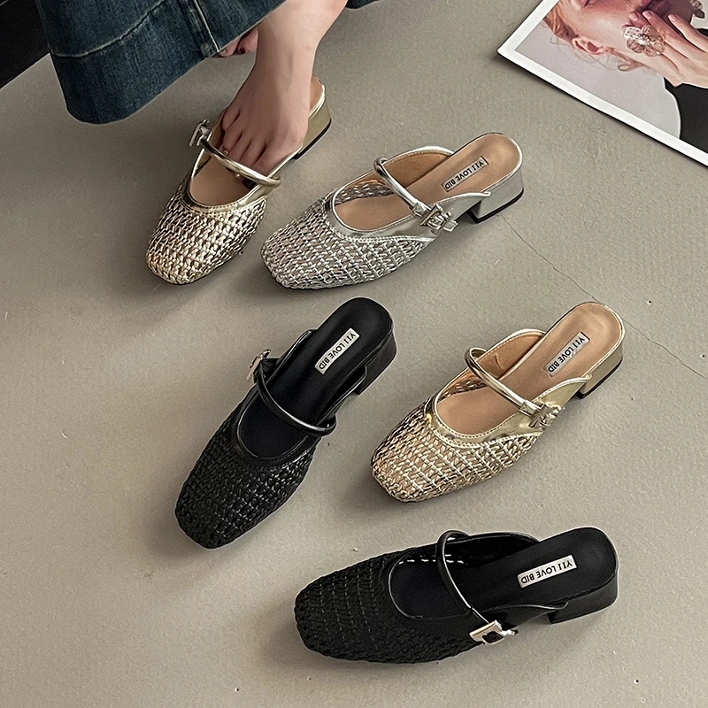 简约复古一字尖头粗跟拖鞋2025夏季新款气质百搭高跟软底凉鞋女鞋