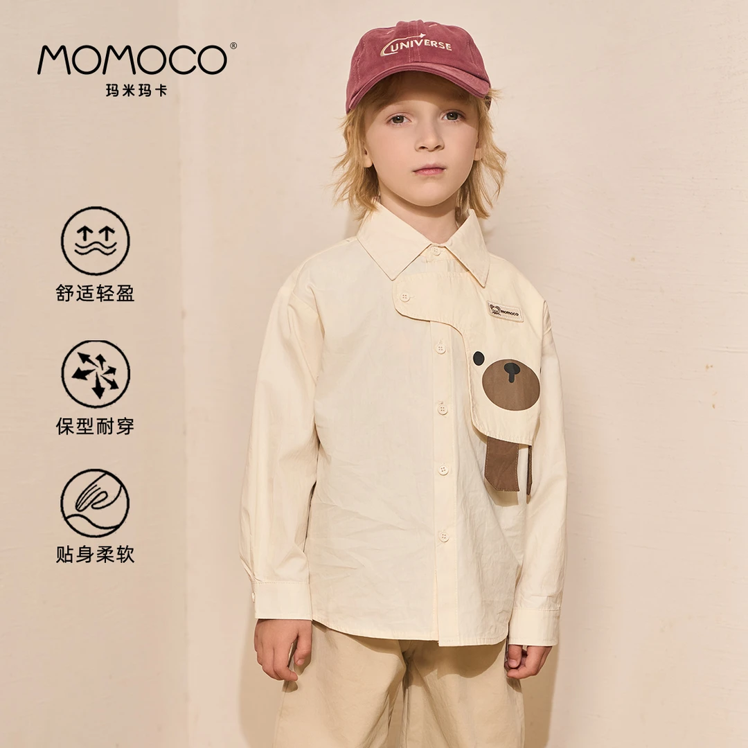 MOMOCO2025款春季男童潮流拼接长袖小熊衬衫77130129004