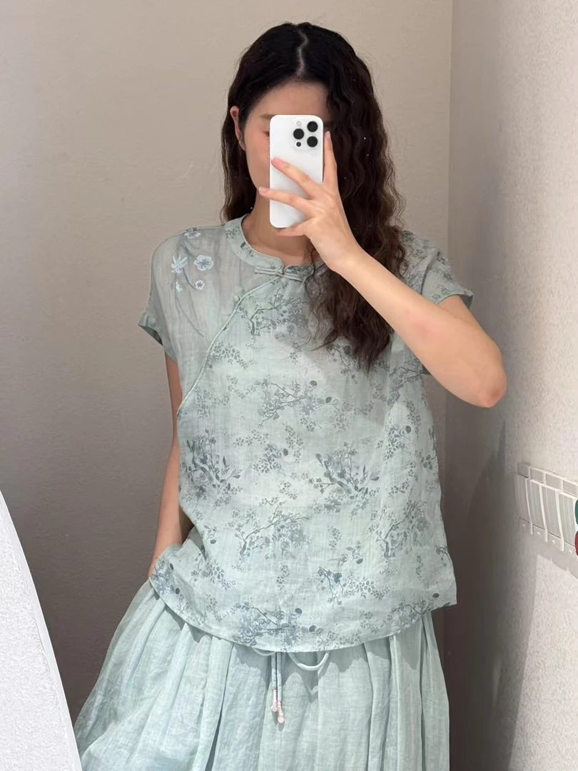 苎麻上衣小衫夏季新款宽松显瘦文艺新中式莼苎麻碎花刺绣