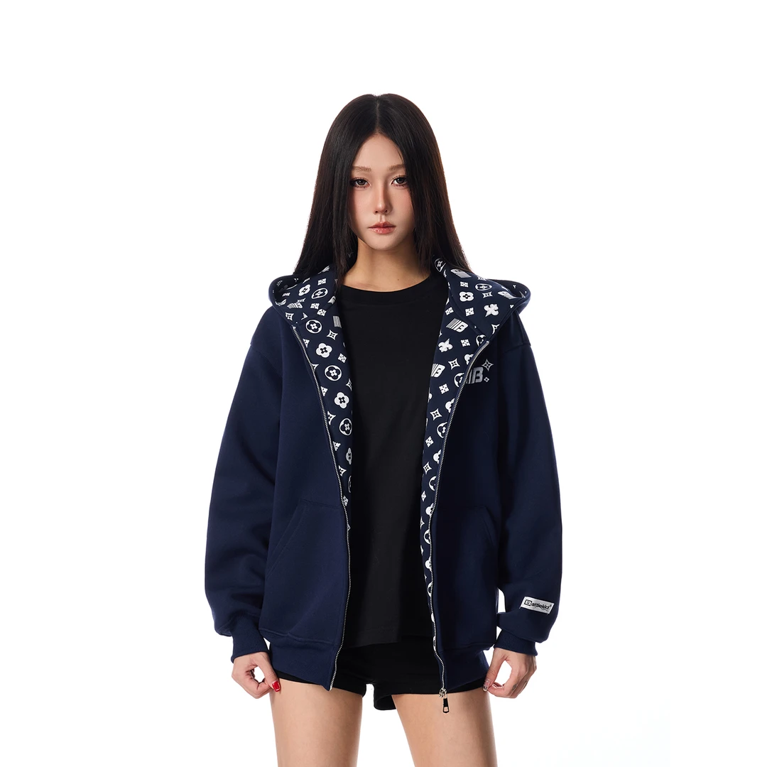 SREK 美式印花开衫连帽卫衣外套男女秋季潮牌情侣装拉链上衣