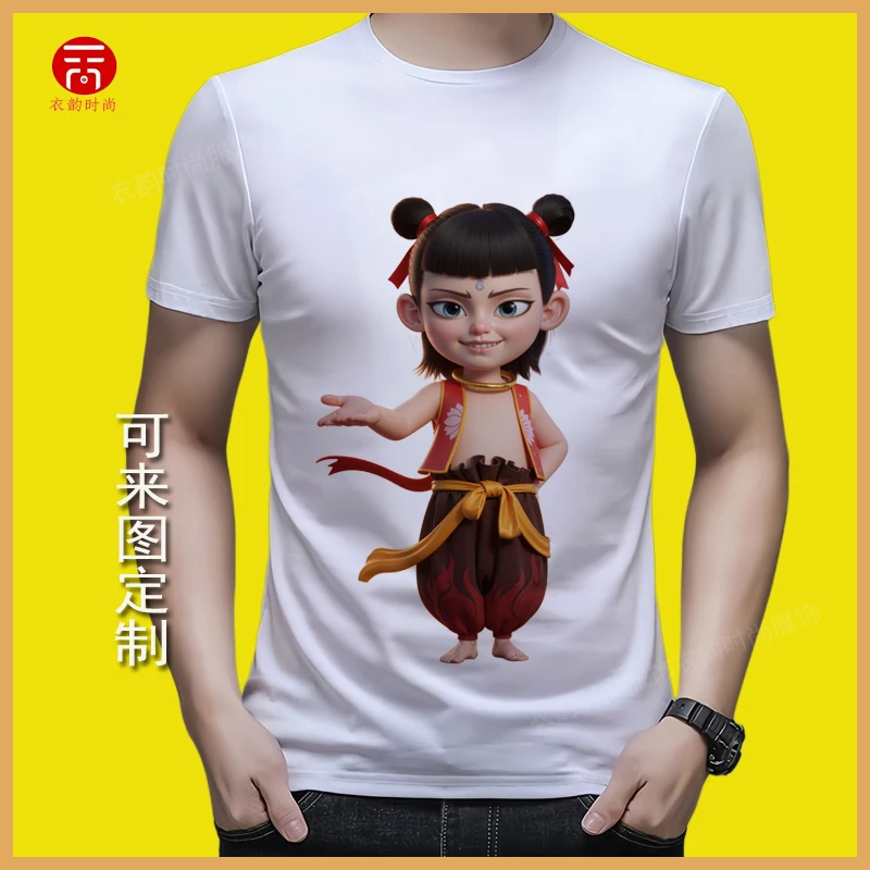 爆款2025 夏季畅销款休闲圆领短袖上衣哪吒太乙真人图案3d印花t恤