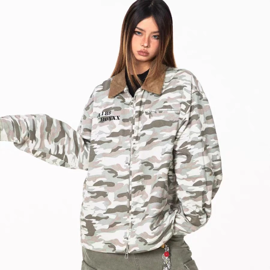 撞色领迷彩水洗做旧牛仔外套男女同款春秋新款宽松休闲夹克上衣