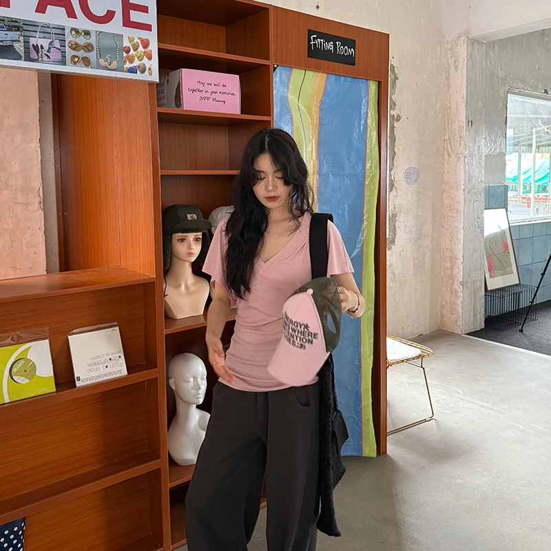 Seyora【森屿】莱赛尔正肩小飞袖T恤夏季V领宽松上衣 T34061SY52