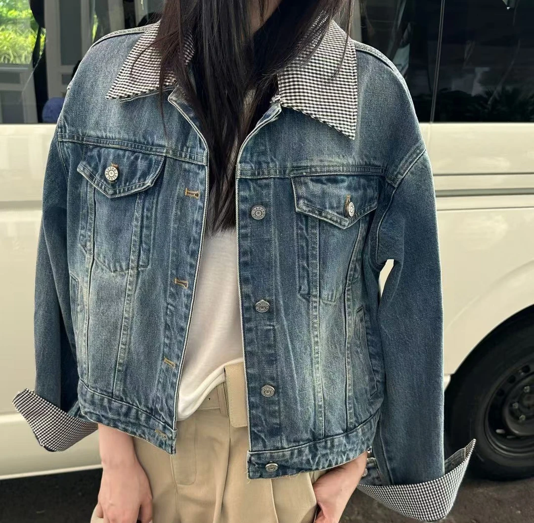 9600号1875#春新款格子领设计感休闲牛仔外套（预）