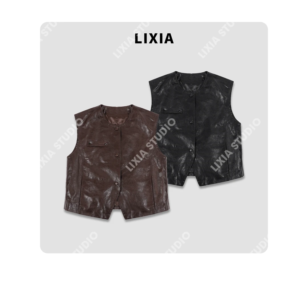 LIXIA【都市革履】都市通勤风翡翠轻奢感日常穿搭羊皮马夹-D8996