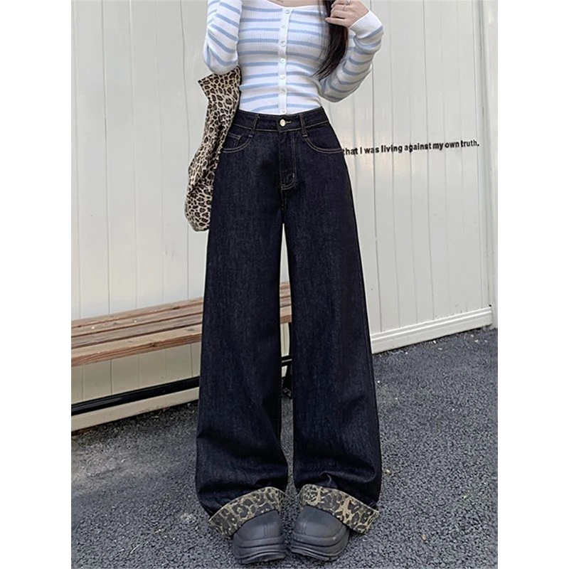 特大码女款女装豹纹拼接牛仔裤女胖mm复古宽松高腰显瘦阔腿裤子
