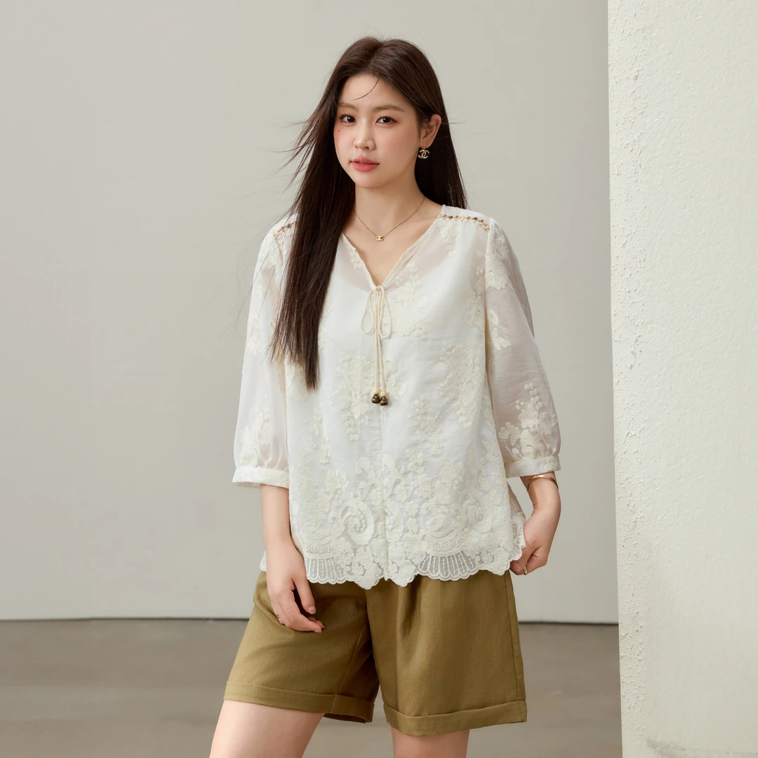 【南法假日】纤莉秀W大码女装法式莱赛尔混纺V领民族风衬衫QK2269