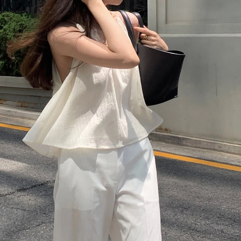 尺寸已更新韩系夏季清凉褶皱领百搭松弛感吊带小背心通勤运动白色