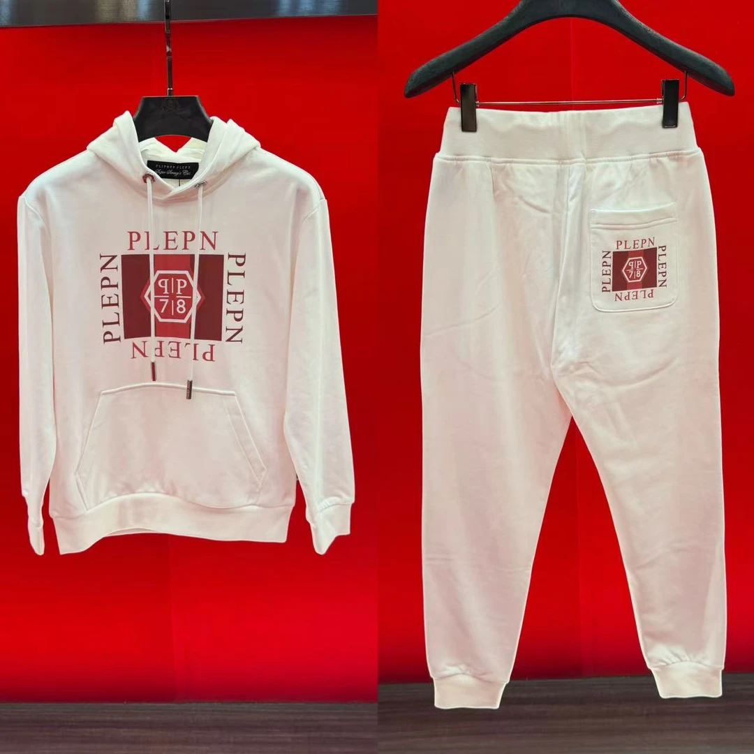 高品质欧货潮牌轻奢印花秋季男士长袖连帽加厚白色卫衣卫裤套装