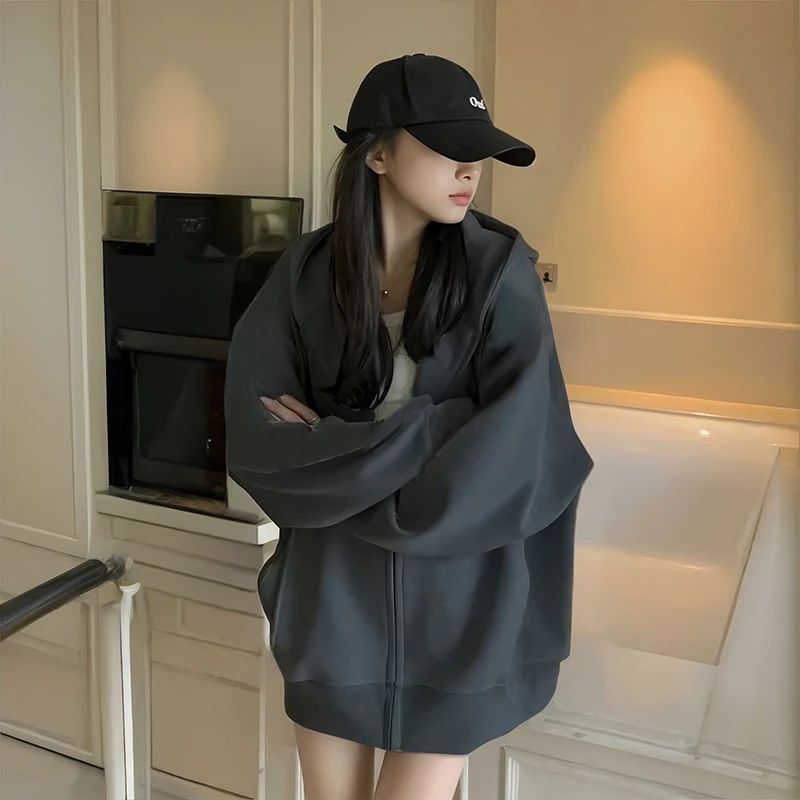 深灰色拉链卫衣外套女春秋薄款2025新款连帽开衫韩系穿搭显瘦上衣