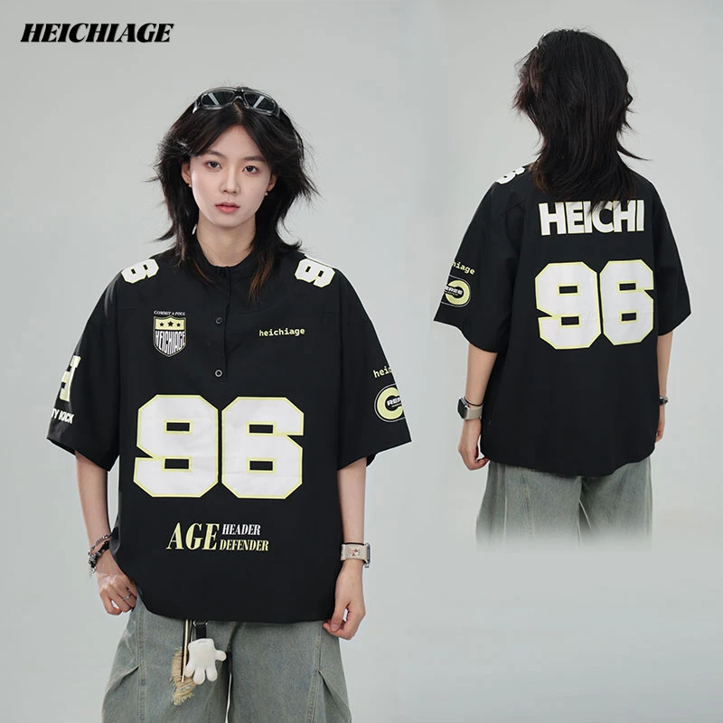 heichiage美式机车男女同款POLO衫短袖t恤夏季半袖体恤衫