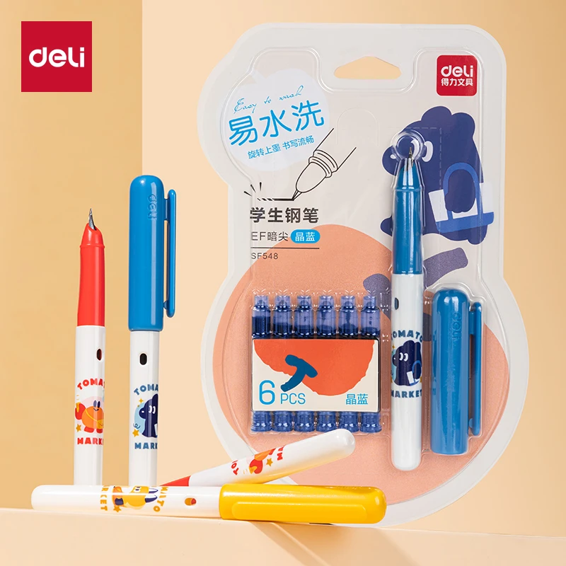 得力易水洗矫姿钢笔小学生专用EF暗尖可替换墨囊儿童初学练字钢笔