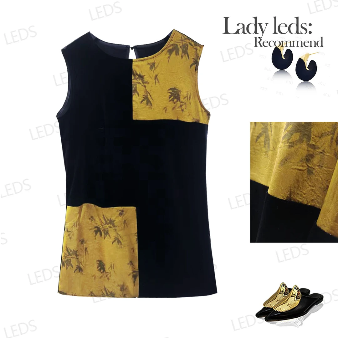 LEDS  S694夏季圆领常规拼接提花中式国风气质百搭上衣