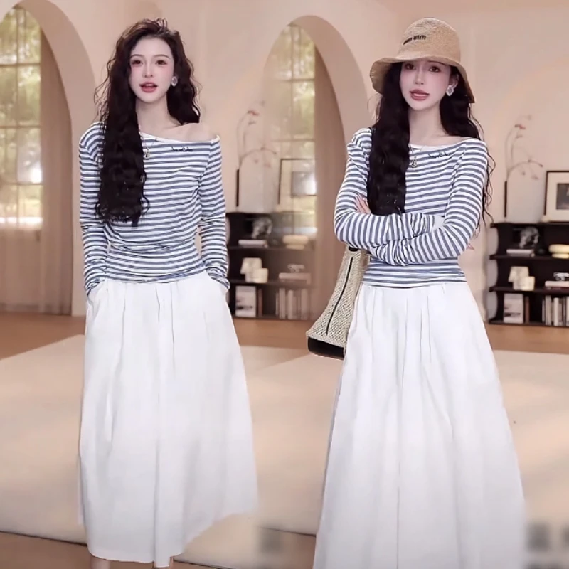 新款斜肩字母条纹长袖T恤女高腰气质显瘦a字半身裙时尚两件套装潮