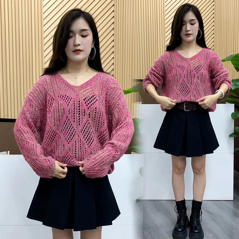 小个子法式时尚毛衣女2025年春秋新款大码宽松显瘦镂空v领针织衫