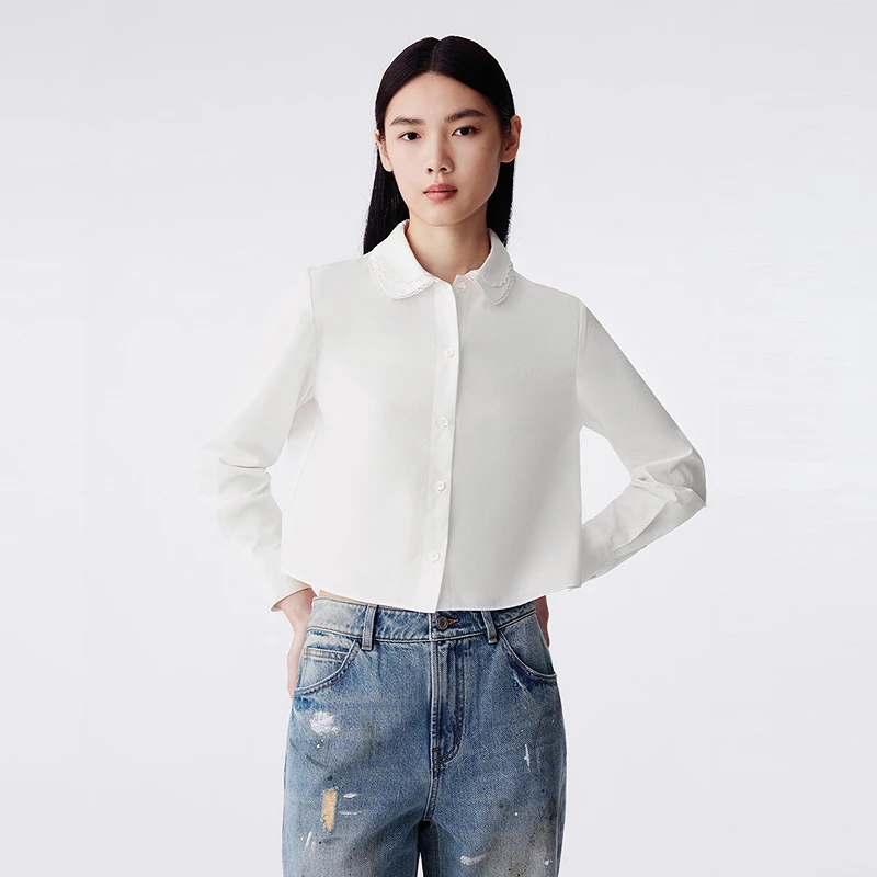LANCY/朗姿2025冬新款简约纯棉花边领长袖白色衬衫女气质通勤上衣
