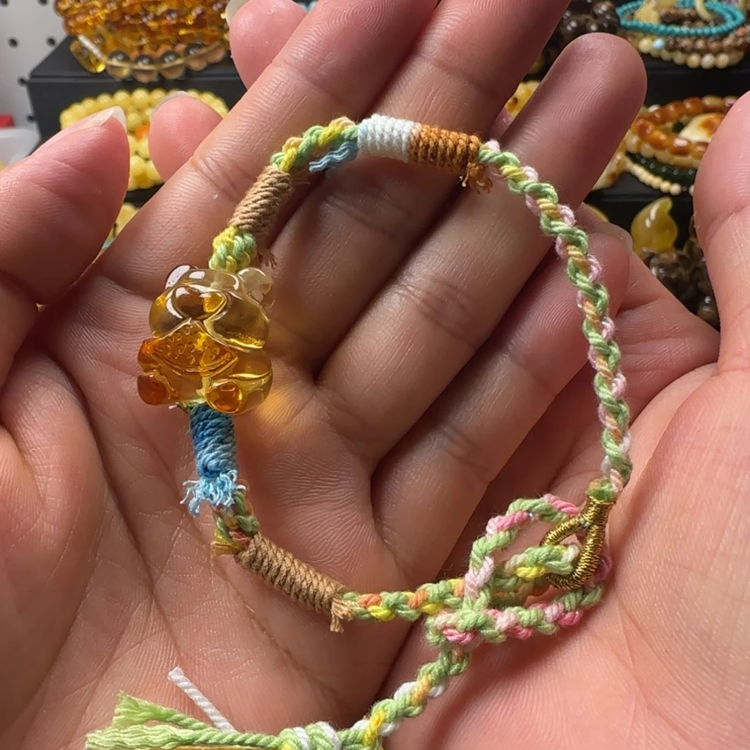 蜜蜡未镶嵌颈饰蜜蜡俏色金珀西瓜小熊手绳