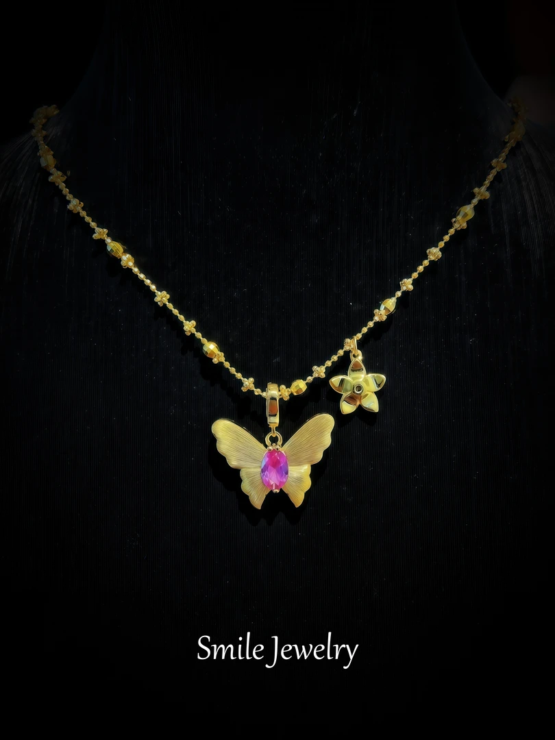 坠链均925银合成锆石 925银镶嵌仙女蝴蝶日韩风轻奢坠链双面佩戴