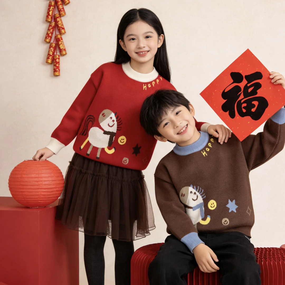 【马年首发】儿童新年冬季毛衣红色2025冬装新男女童针织上衣拜年服
