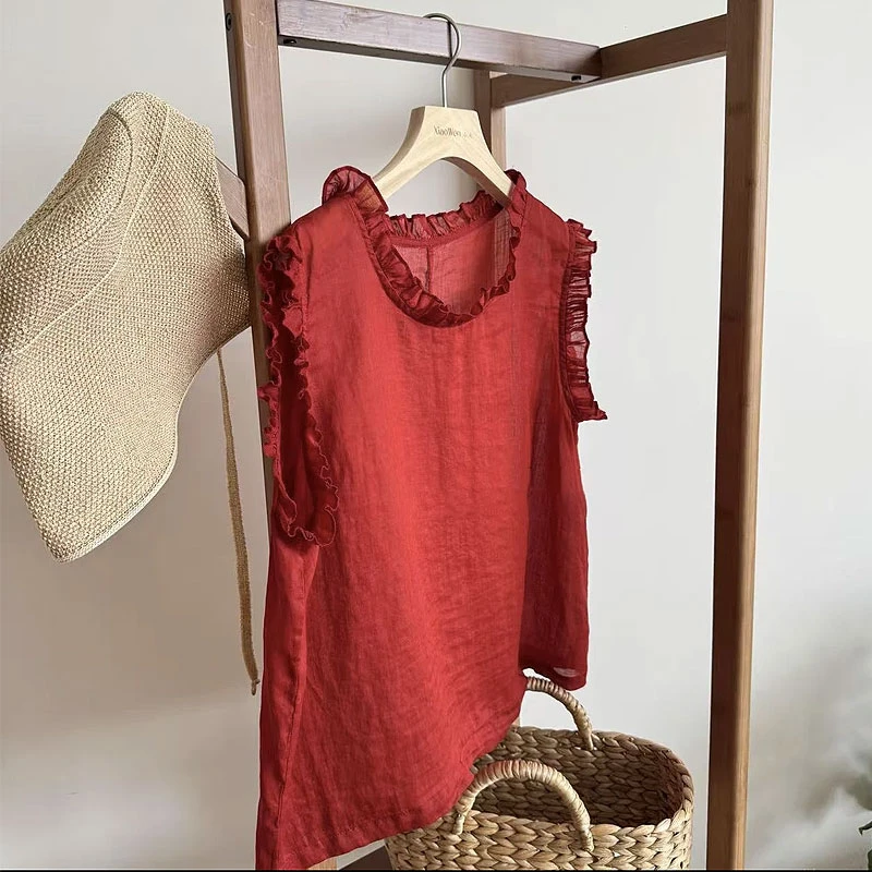 2025-夏季显瘦木耳领宽松凉快背心搭舒适文艺无袖上衣女