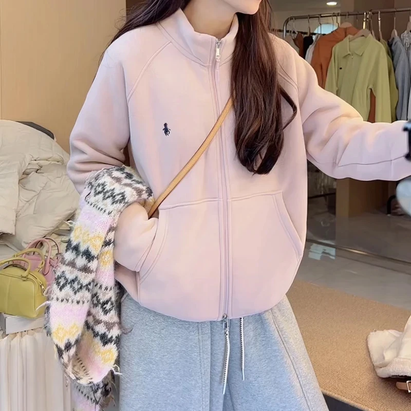美式慵懒风加绒保暖立领卫衣女秋冬2025新款宽松拉链开衫外套上衣
