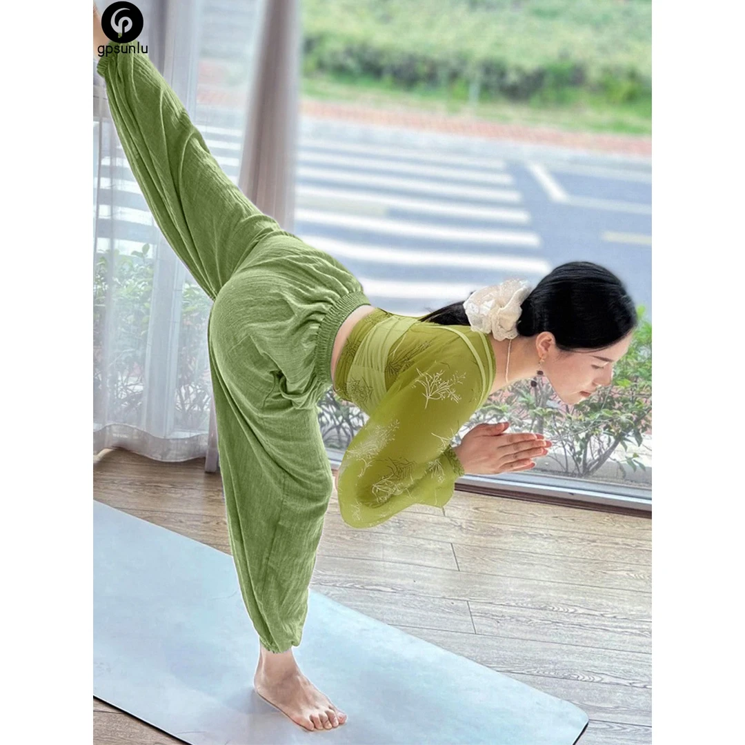 瑜伽服套装2025新款中式长袖宽松禅意普拉提训练健身服棉麻灯笼裤