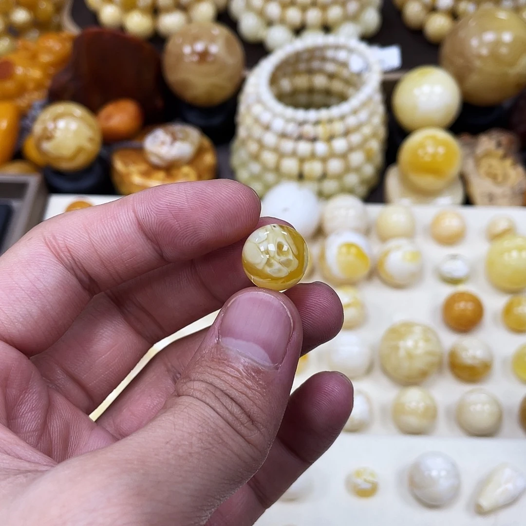 蜜蜡未镶嵌珠宝奇石13.4mm【溶洞妖花橙橘金白】圆珠