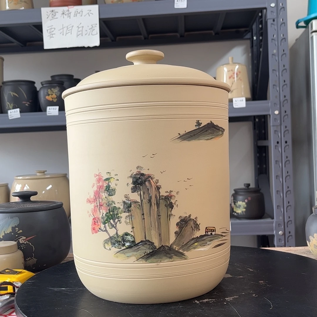 罐白泥哑光山水彩绘存茶缸