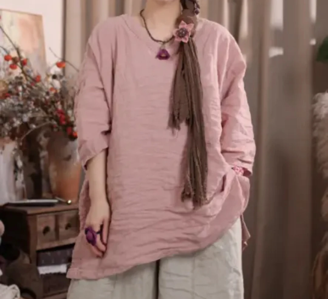 夏季新款V领手工车线亚麻上衣（衣长75胸围140）